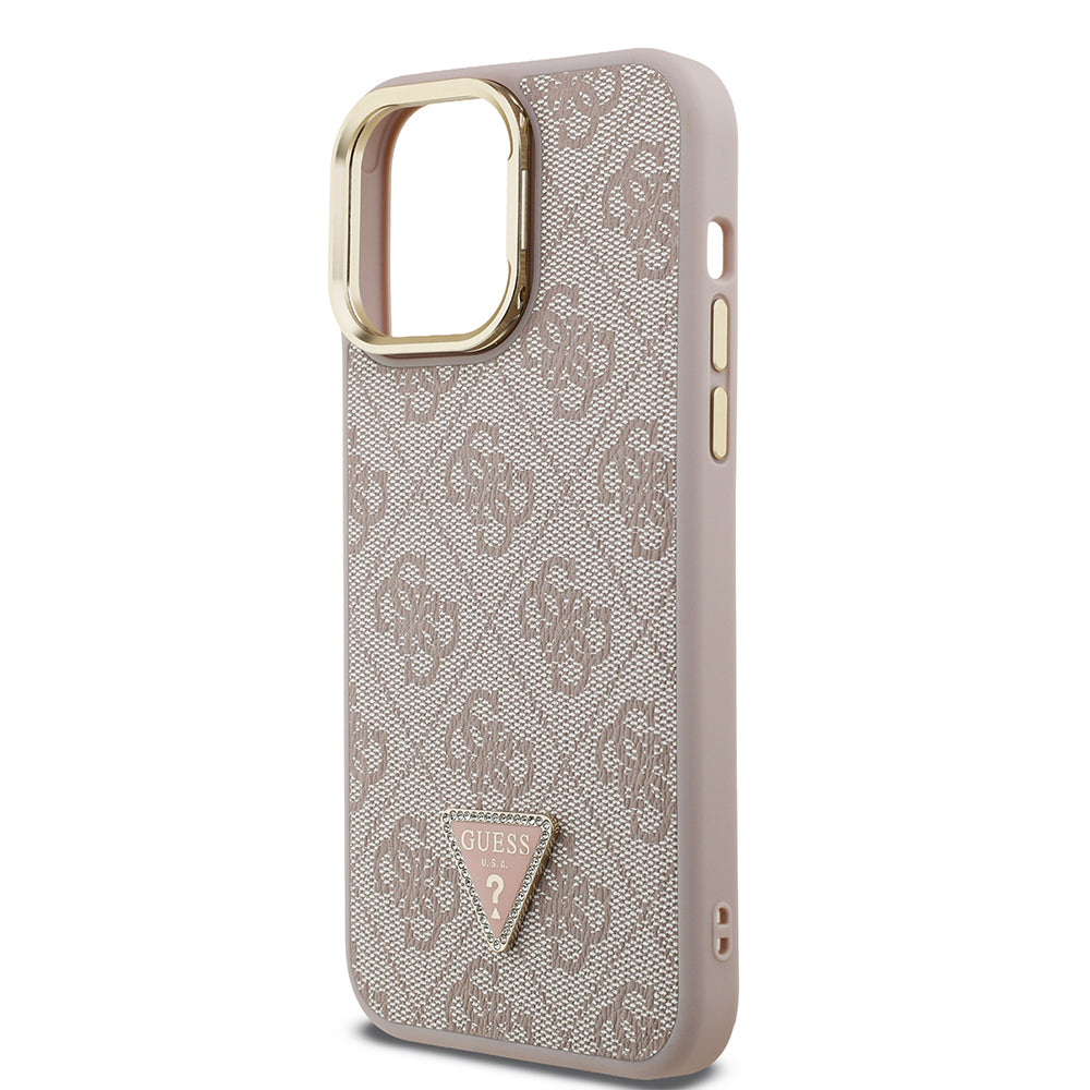 Apple iPhone 14 Pro Max Case Guess Original Licensed PU Leather Stone Triangle Logo 4G Patterned Camera Stand Cover Black