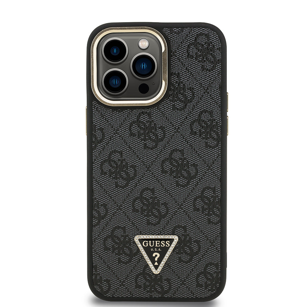 Apple iPhone 14 Pro Max Case Guess Original Licensed PU Leather Stone Triangle Logo 4G Patterned Camera Stand Cover Brown