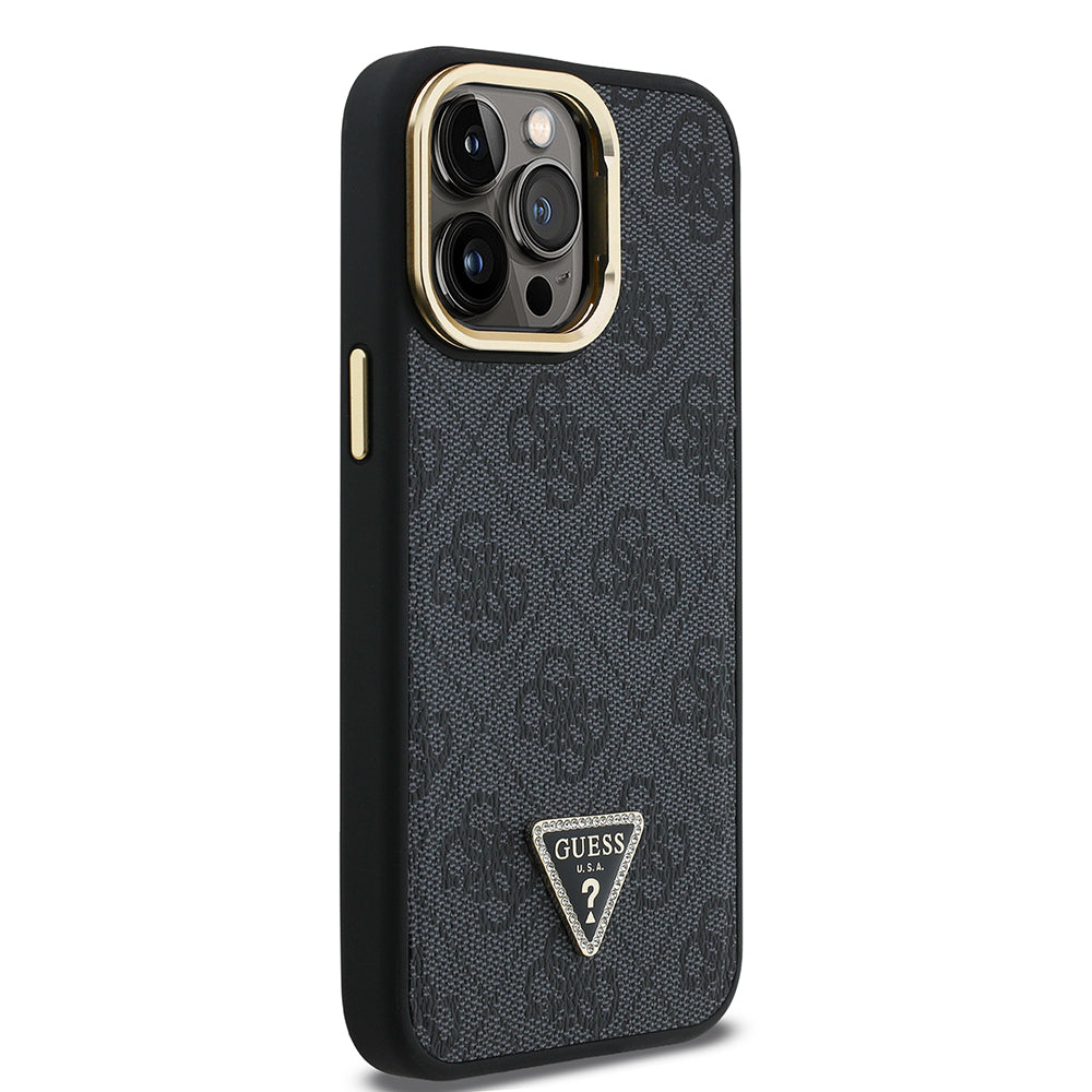 Apple iPhone 14 Pro Max Case Guess Original Licensed PU Leather Stone Triangle Logo 4G Patterned Camera Stand Cover Black