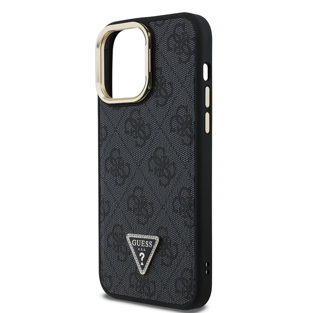 Apple iPhone 14 Pro Max Case Guess Original Licensed PU Leather Stone Triangle Logo 4G Patterned Camera Stand Cover Black