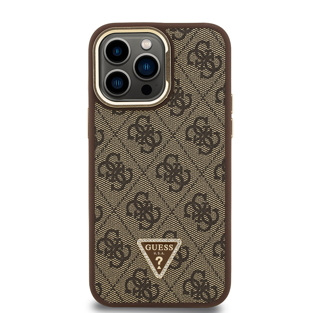 Apple iPhone 14 Pro Max Case Guess Original Licensed PU Leather Stone Triangle Logo 4G Patterned Camera Stand Cover Black