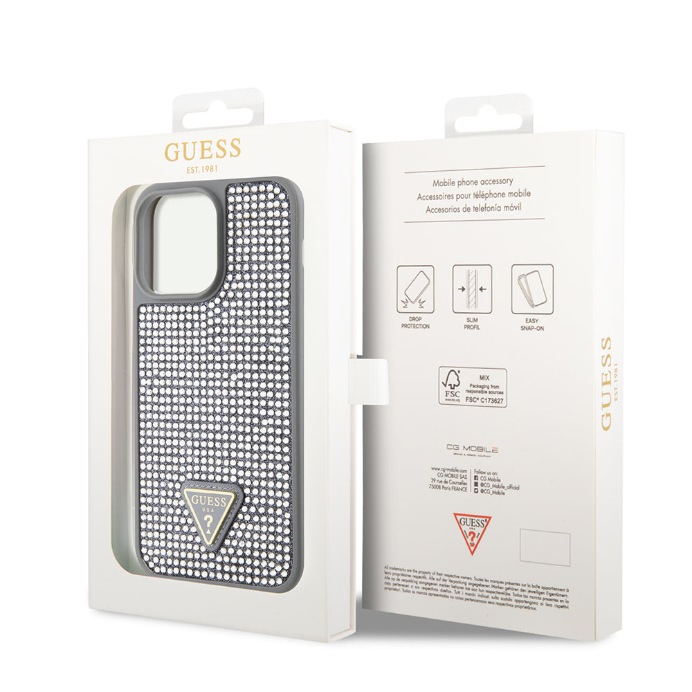 Apple iPhone 14 Pro Max Case Guess Original Licensed Stone Back Surface Triangle Logo Cover Silver