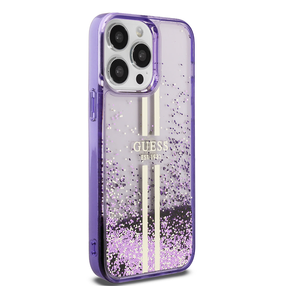 Apple iPhone 14 Pro Max Case Guess Original Licensed Transparent Liquid Glitter Gold Striped Cover Pink