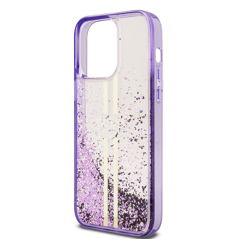 Apple iPhone 14 Pro Max Case Guess Original Licensed Transparent Liquid Glitter Gold Striped Cover Pink