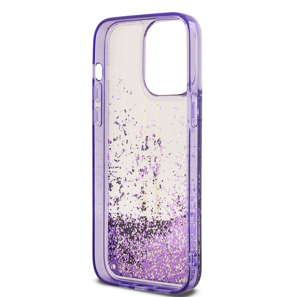 Apple iPhone 14 Pro Max Case Guess Original Licensed Transparent Liquid Glitter Gold Striped Cover Pink