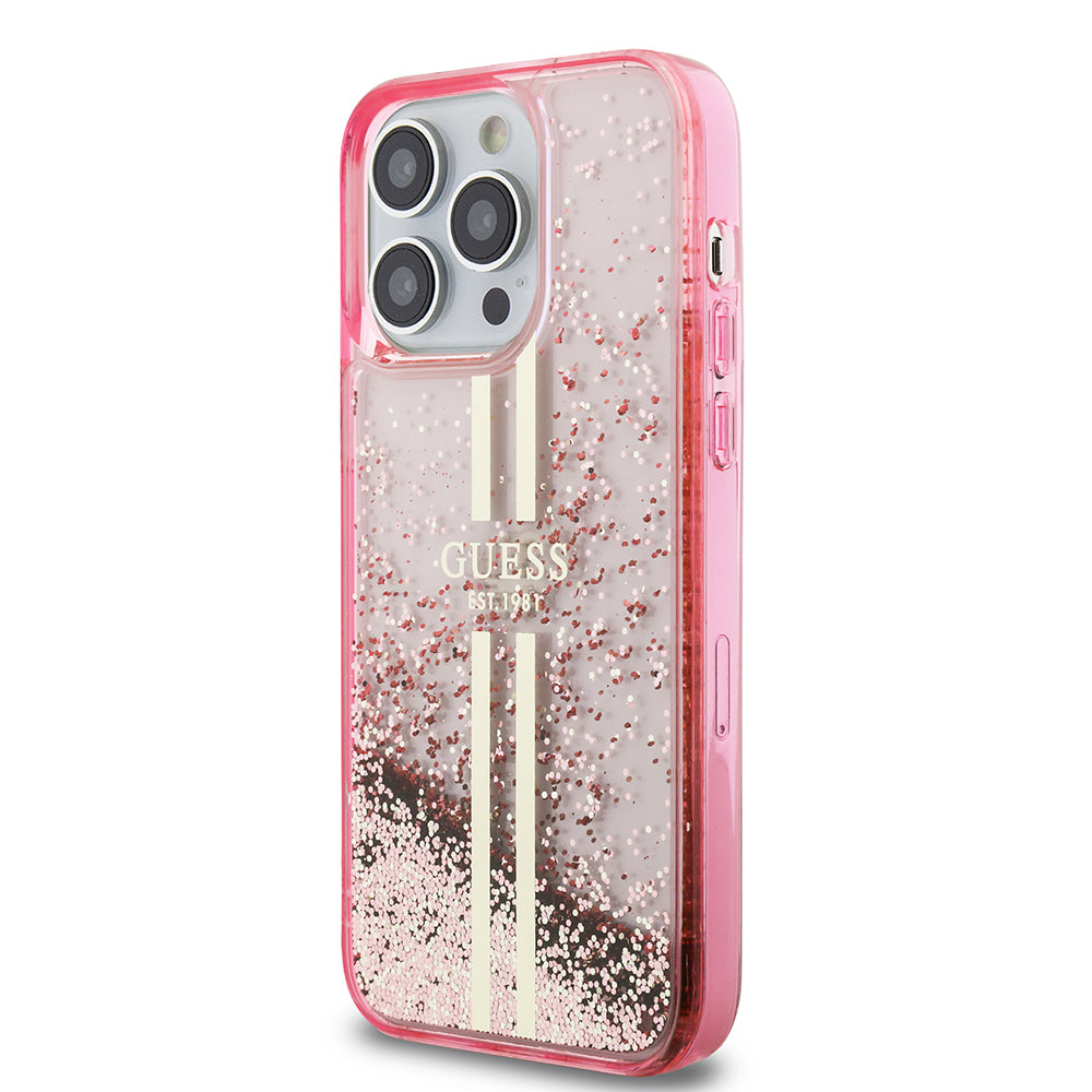 Apple iPhone 14 Pro Max Case Guess Original Licensed Transparent Liquid Glitter Gold Striped Cover Pink