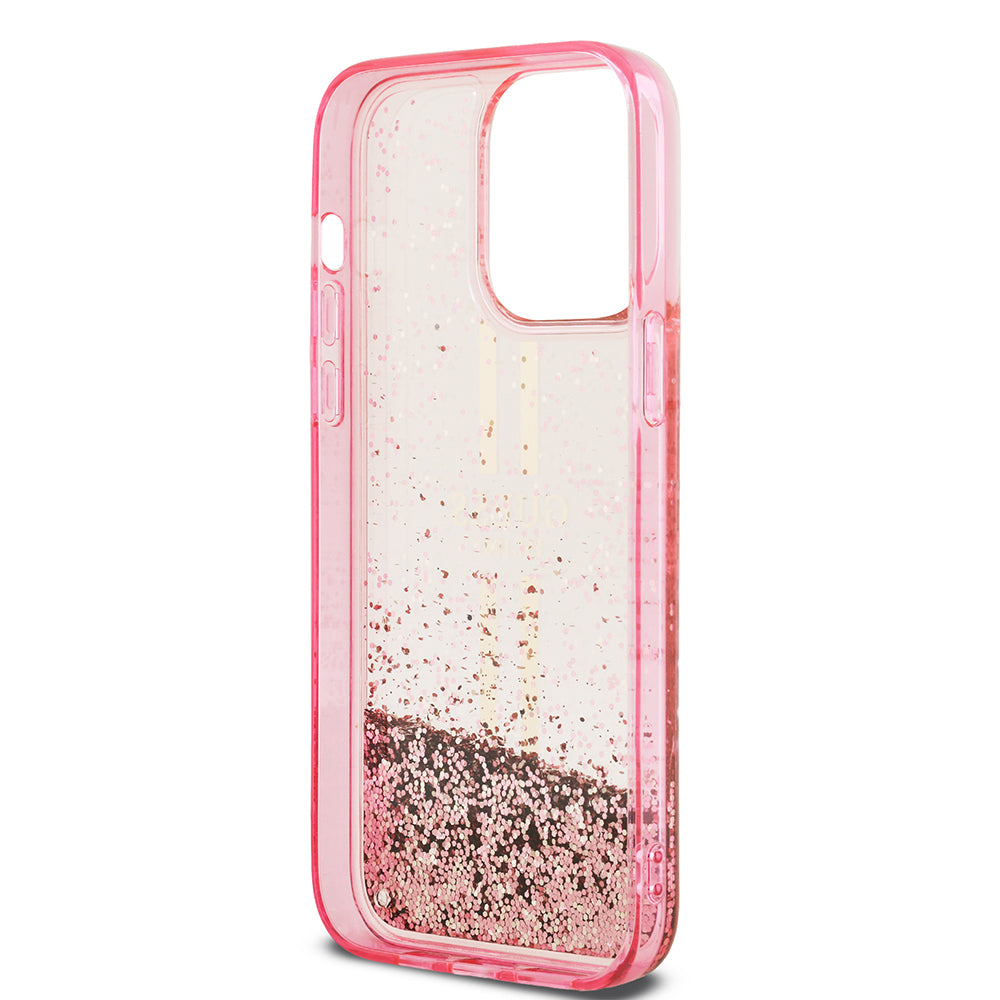 Apple iPhone 14 Pro Max Case Guess Original Licensed Transparent Liquid Glitter Gold Striped Cover Pink