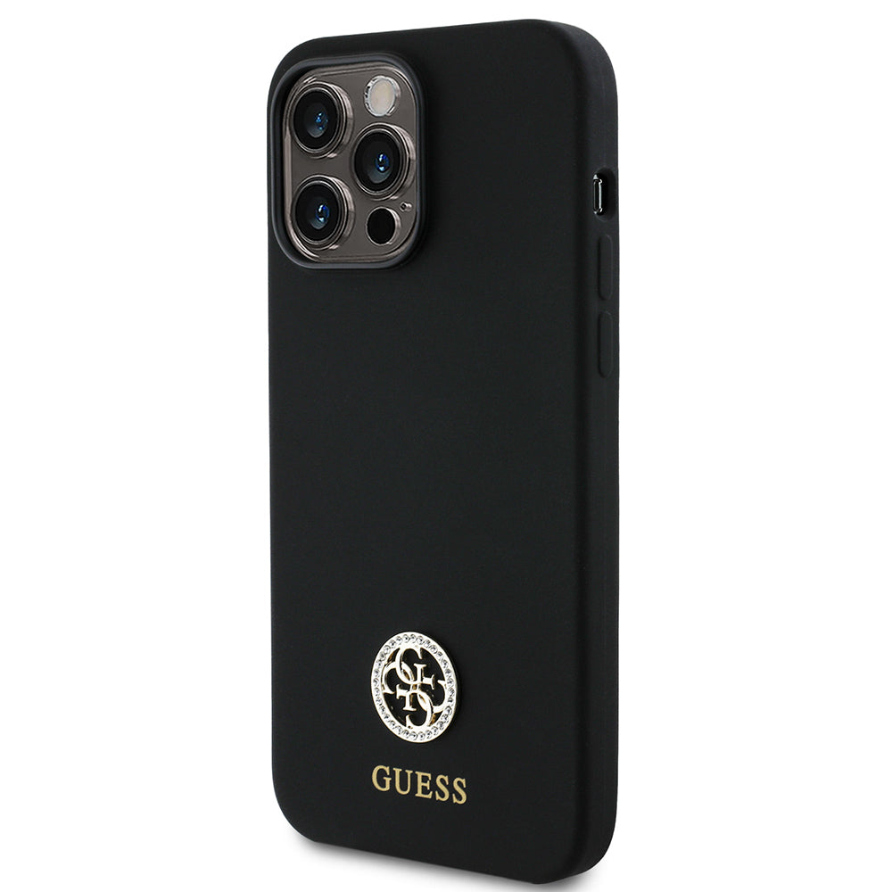 Apple iPhone 14 Pro Max Case Guess Original Licensed Silicone Cover with Text and Stone 4G Logo Black