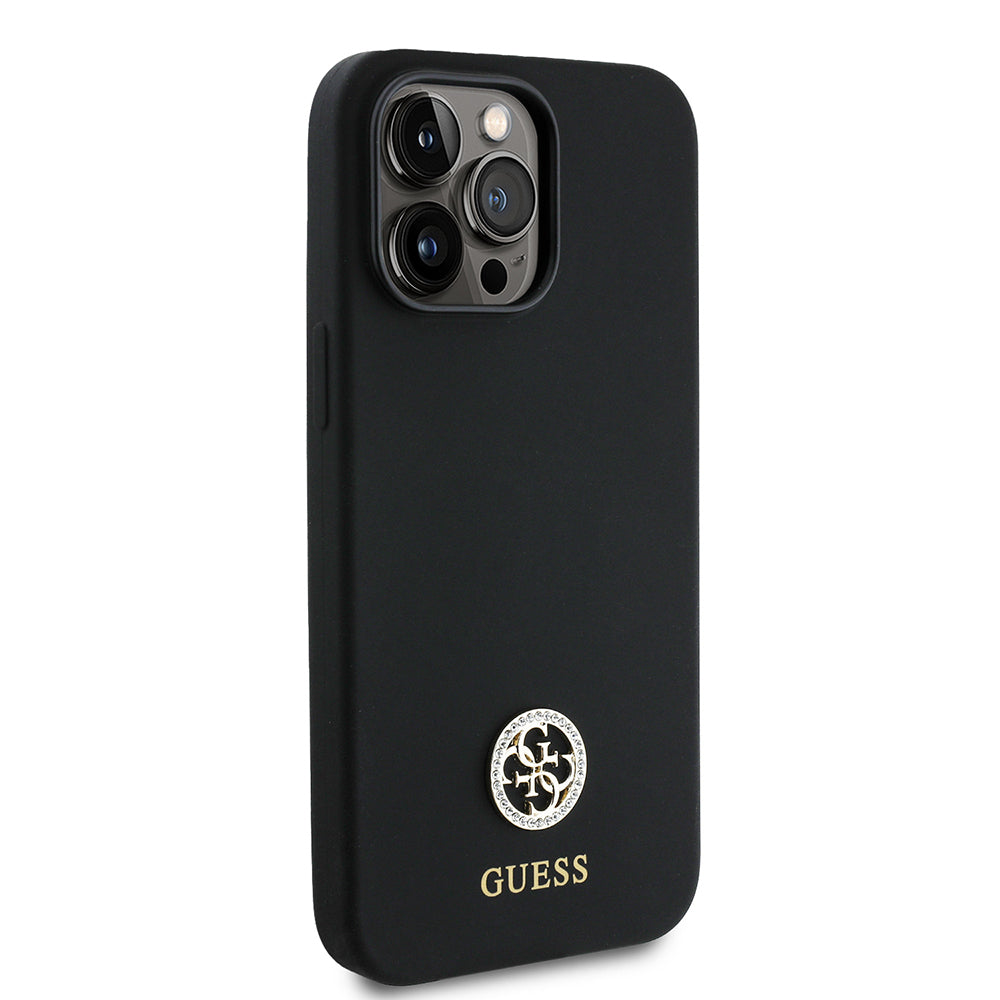 Apple iPhone 14 Pro Max Case Guess Original Licensed Silicone Cover with Text and Stone 4G Logo Black