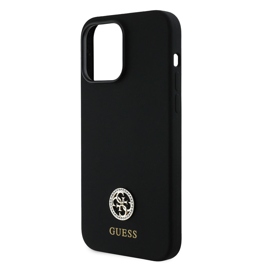 Apple iPhone 14 Pro Max Case Guess Original Licensed Silicone Cover with Text and Stone 4G Logo Black