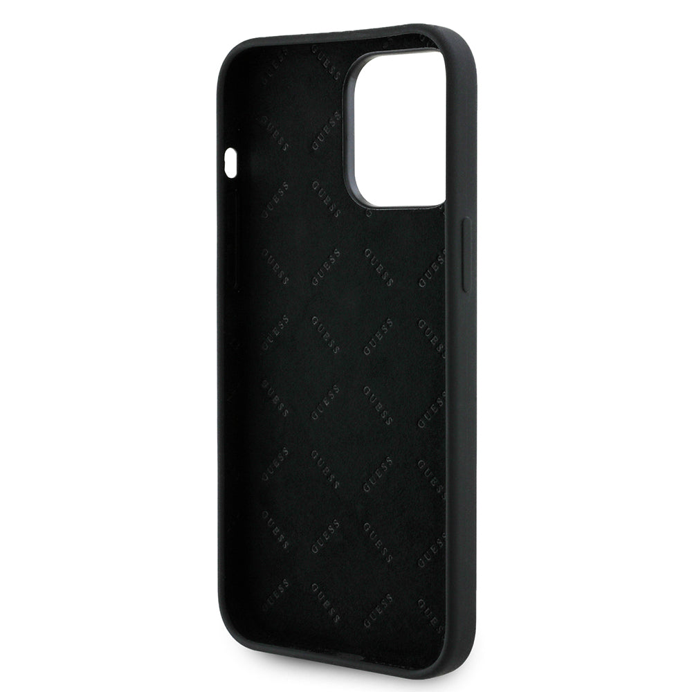 Apple iPhone 14 Pro Max Case Guess Original Licensed Silicone Cover with Text and Stone 4G Logo Black