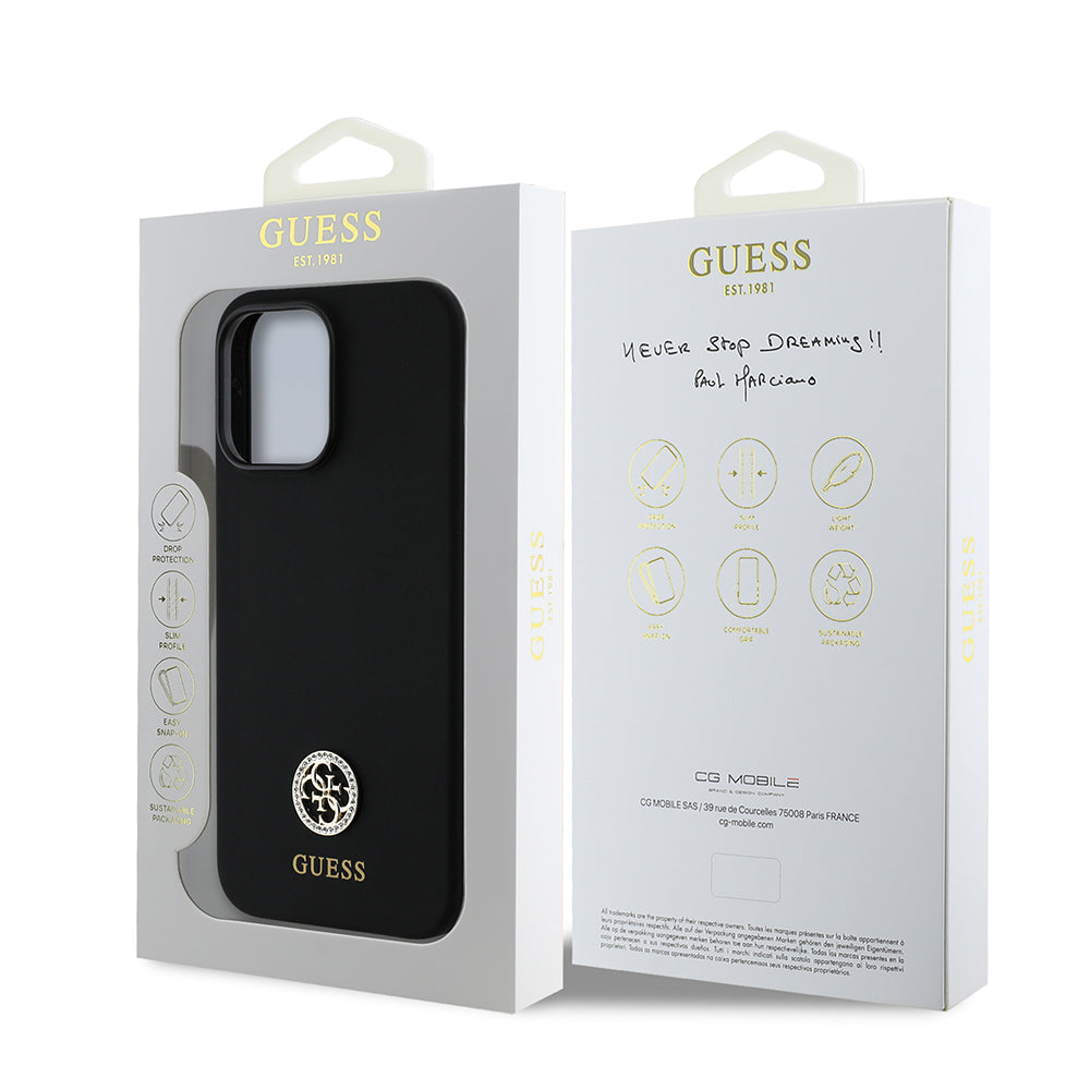 Apple iPhone 14 Pro Max Case Guess Original Licensed Silicone Cover with Text and Stone 4G Logo Black
