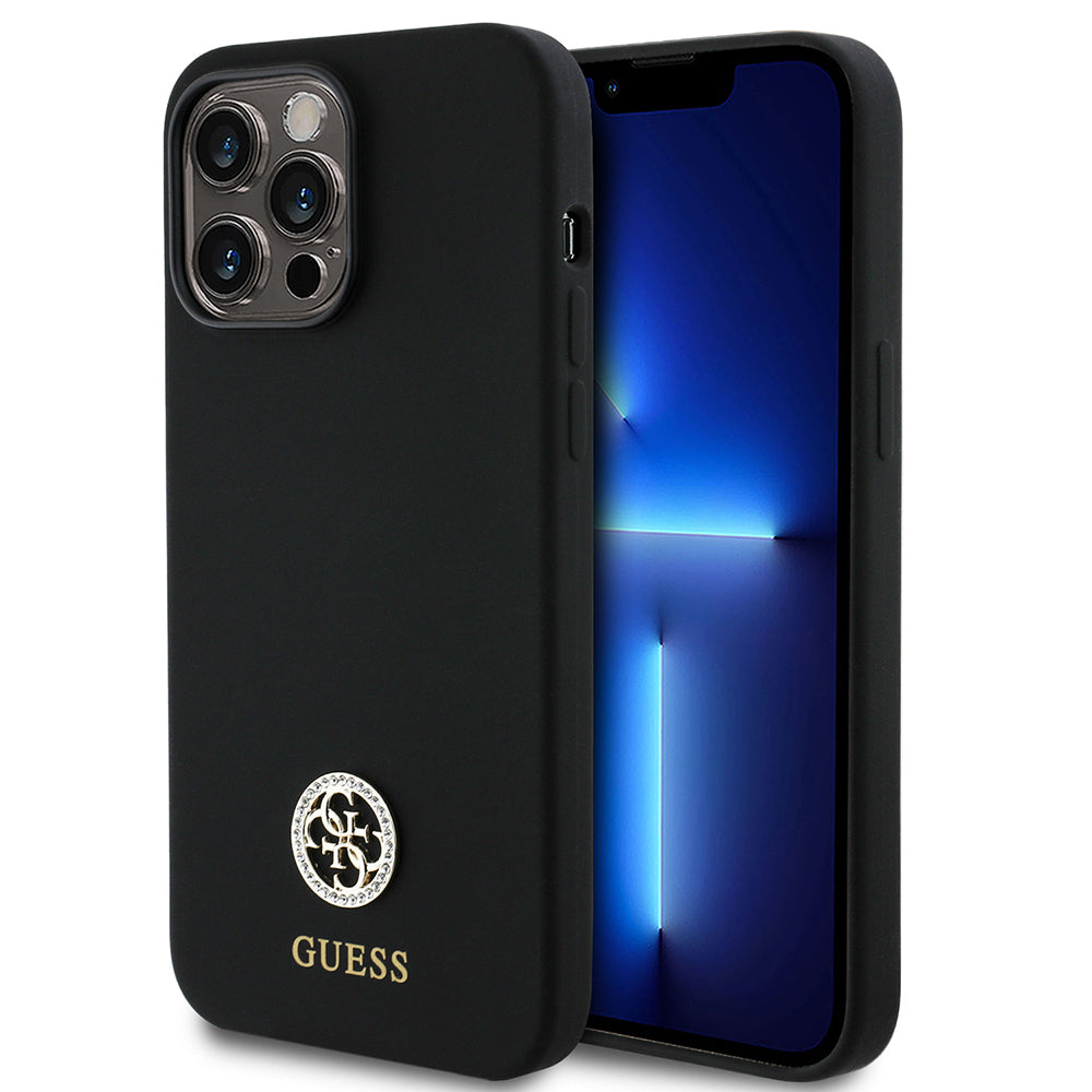 Apple iPhone 14 Pro Max Case Guess Original Licensed Silicone Cover with Text and Stone 4G Logo Black