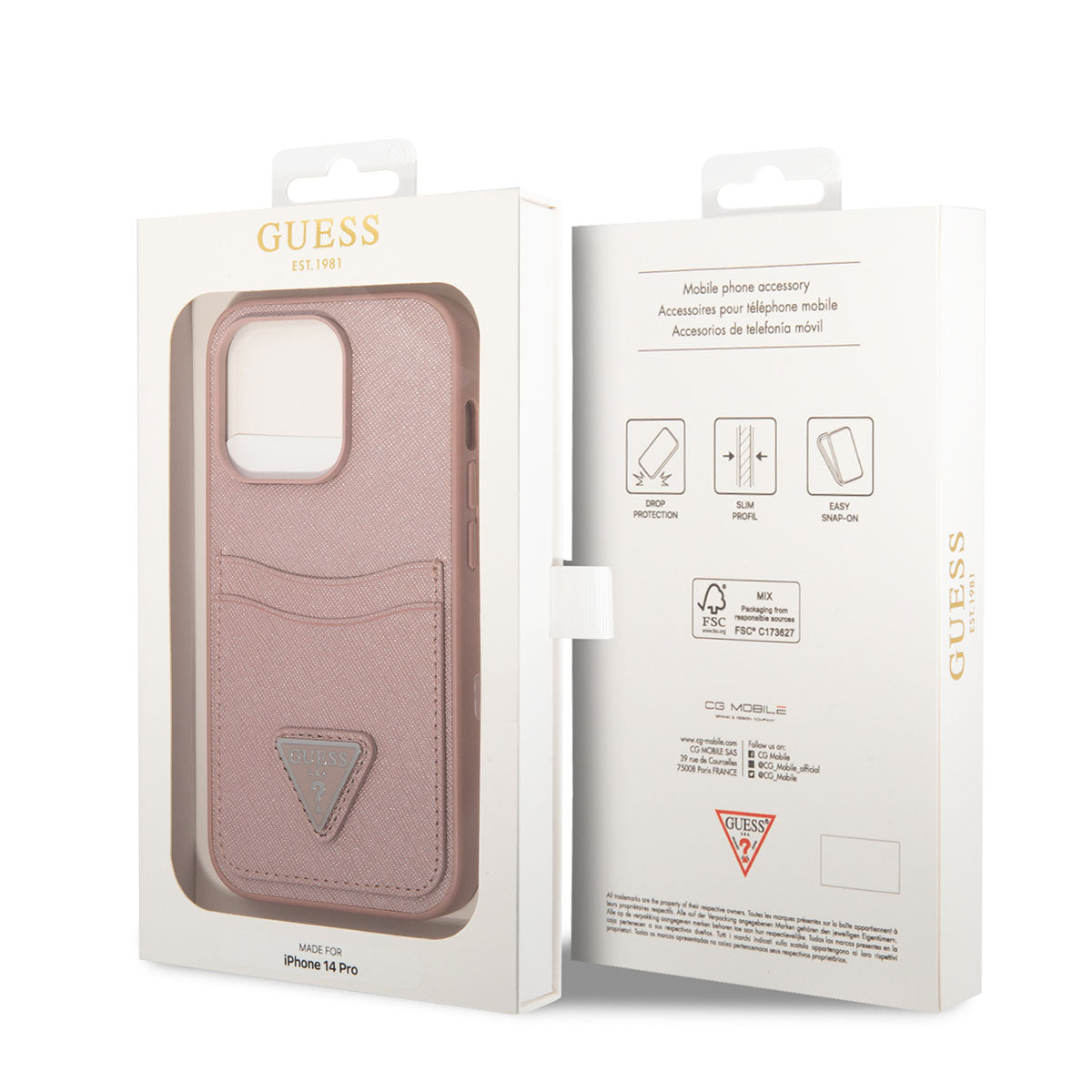 Apple iPhone 14 Pro Max Case GUESS PU Saffron Leather Card Holder Design Cover Pink