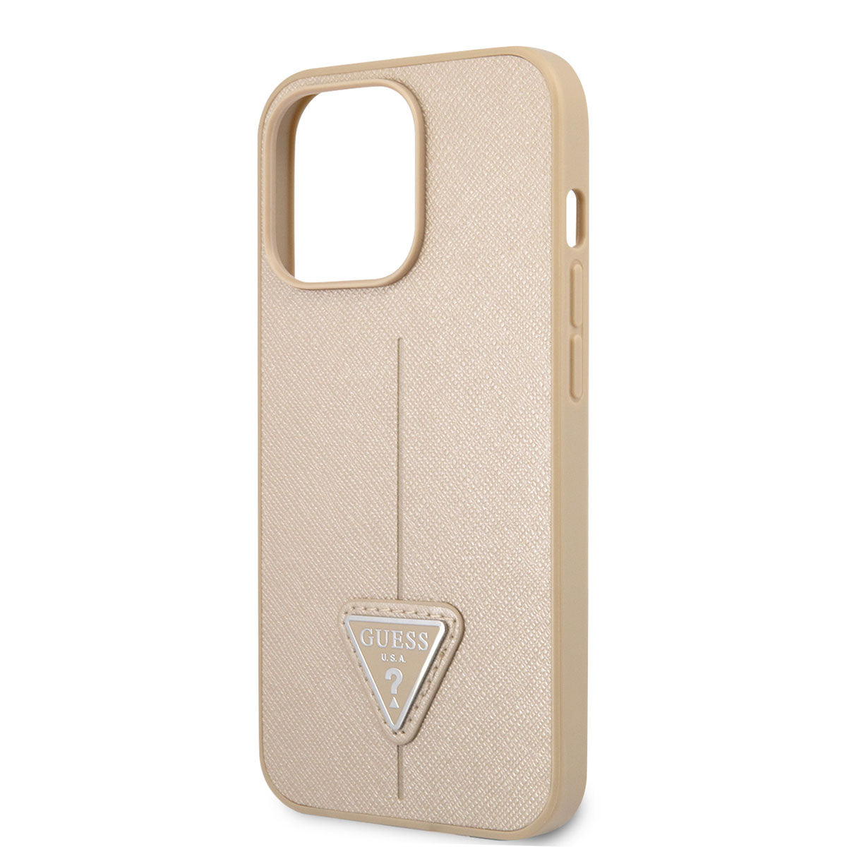 Apple iPhone 14 Pro Max Case GUESS PU Saffron Leather Triangle Logo Design Cover Cream