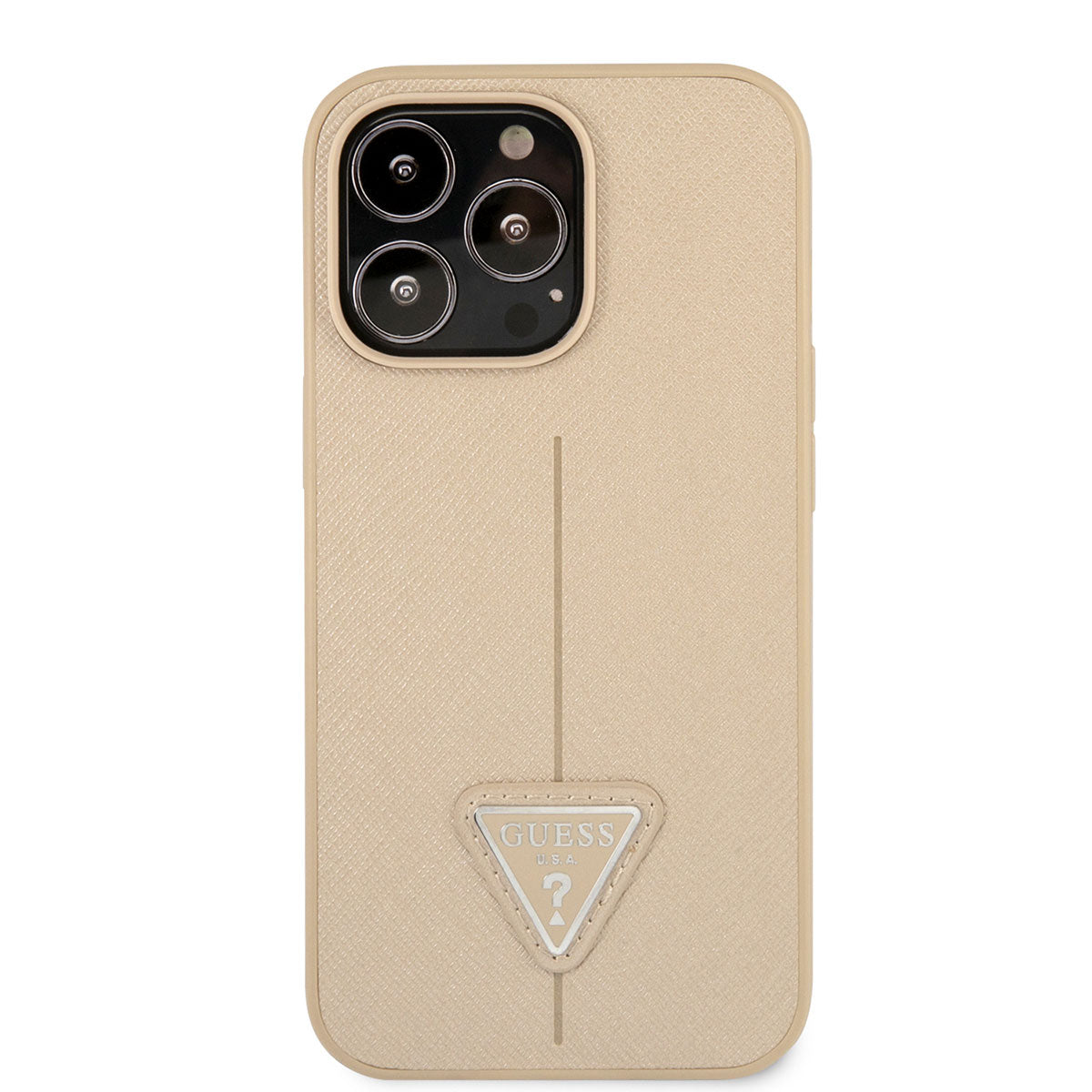 Apple iPhone 14 Pro Max Case GUESS PU Saffron Leather Triangle Logo Design Cover Cream