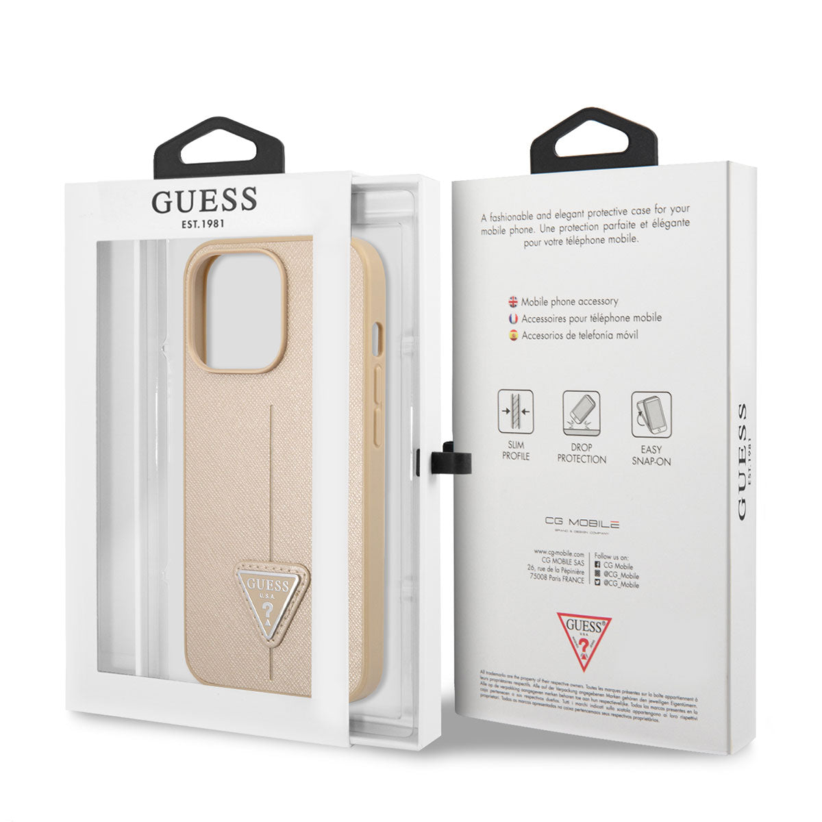 Apple iPhone 14 Pro Max Case GUESS PU Saffron Leather Triangle Logo Design Cover Cream
