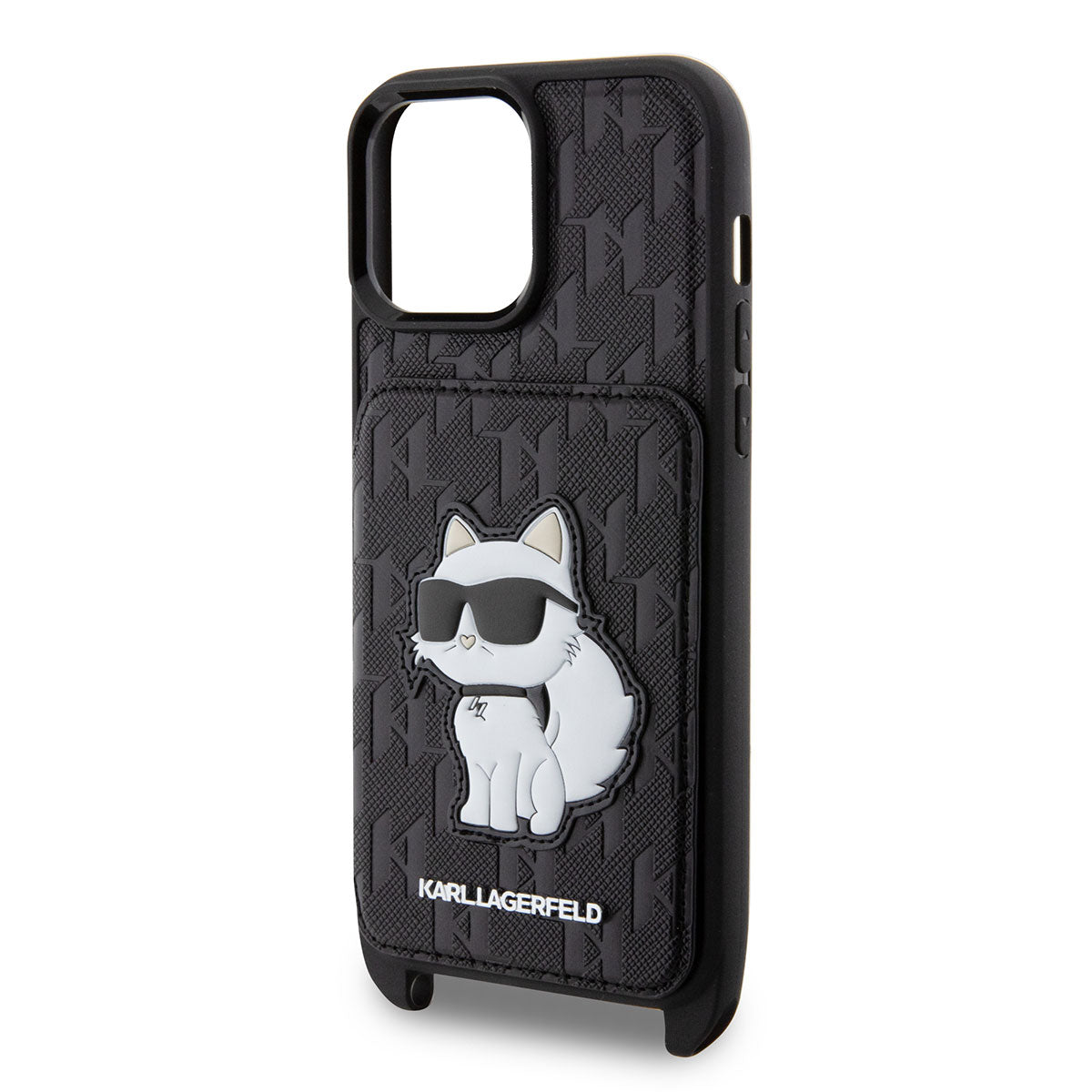 Apple iPhone 14 Pro Max Case Karl Lagerfeld Neck Strap Card Holder Choupette Design Cover Black