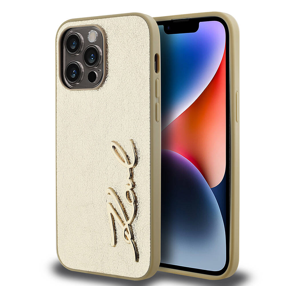 Apple iPhone 14 Pro Max Case Karl Lagerfeld Original Licensed 3D KL Printed Feathered Back Surface Saffiano Rhinestones Cover Gold