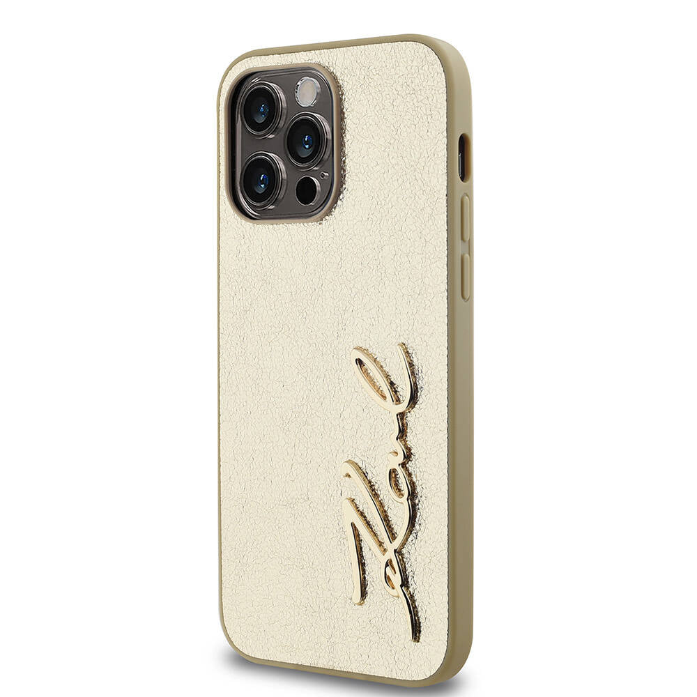 Apple iPhone 14 Pro Max Case Karl Lagerfeld Original Licensed 3D KL Printed Feathered Back Surface Saffiano Rhinestones Cover Gold