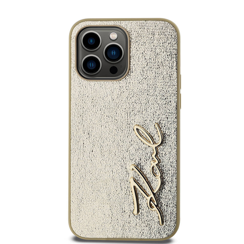 Apple iPhone 14 Pro Max Case Karl Lagerfeld Original Licensed 3D KL Printed Feathered Back Surface Saffiano Rhinestones Cover Pink