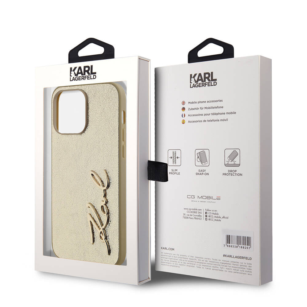 Apple iPhone 14 Pro Max Case Karl Lagerfeld Original Licensed 3D KL Printed Feathered Back Surface Saffiano Rhinestones Cover Gold
