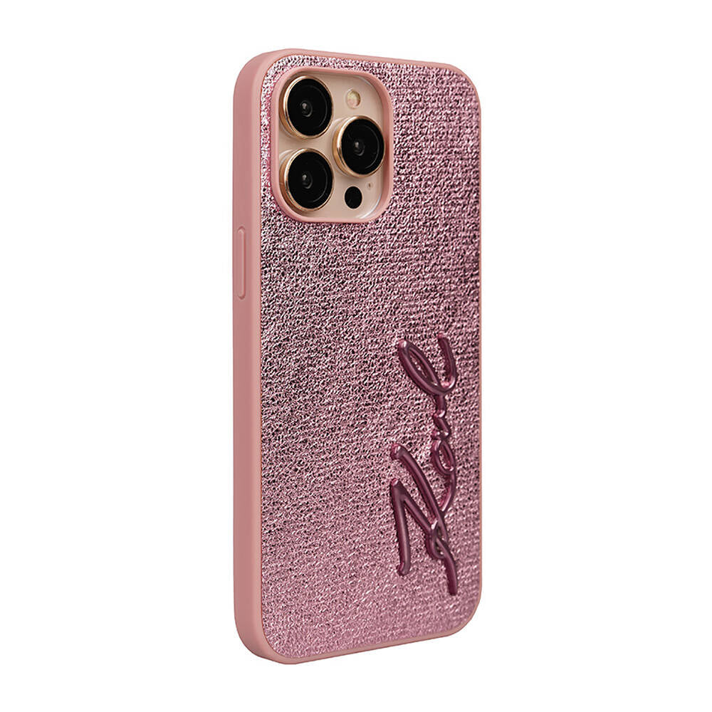Apple iPhone 14 Pro Max Case Karl Lagerfeld Original Licensed 3D KL Printed Feathered Back Surface Saffiano Rhinestones Cover Pink