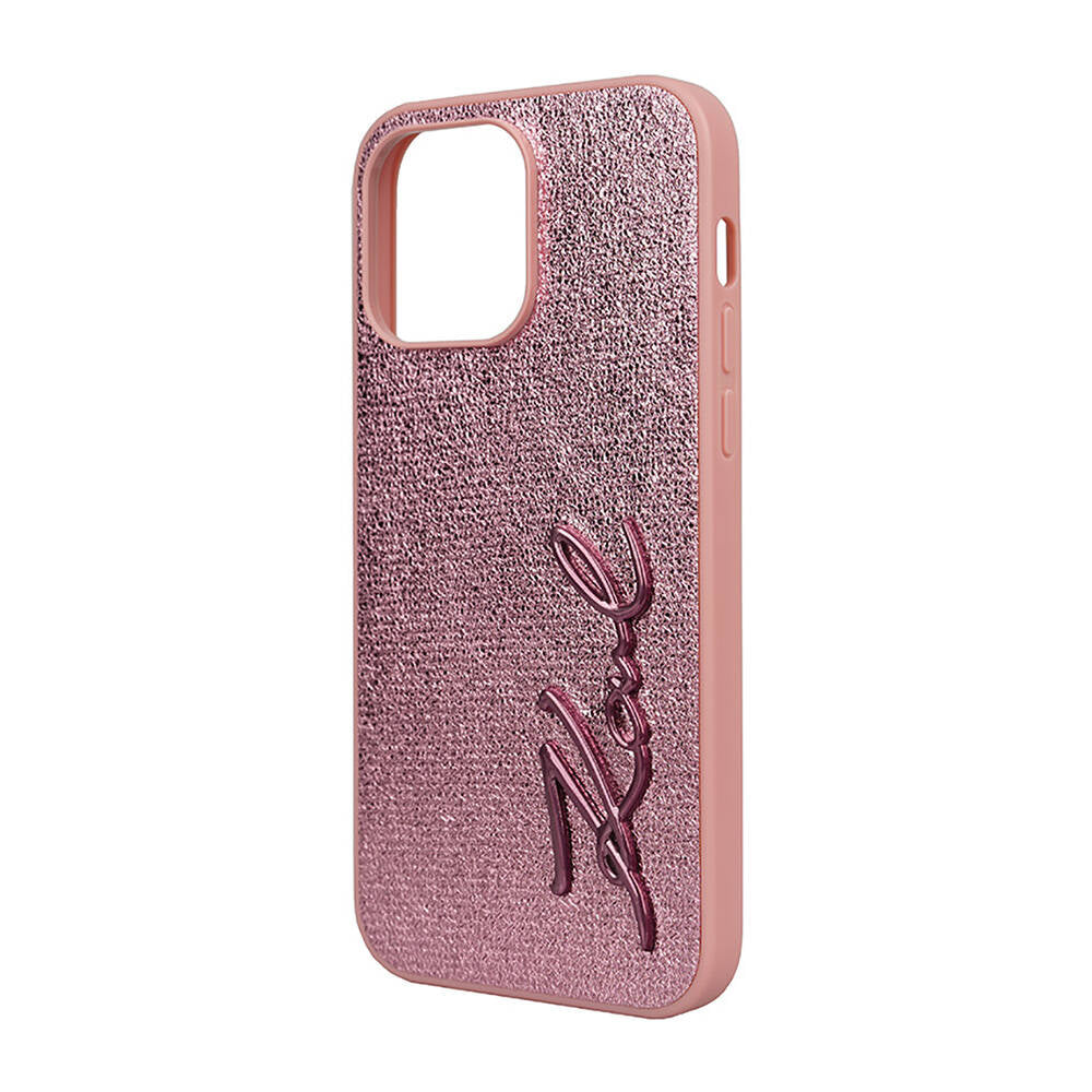Apple iPhone 14 Pro Max Case Karl Lagerfeld Original Licensed 3D KL Printed Feathered Back Surface Saffiano Rhinestones Cover Pink