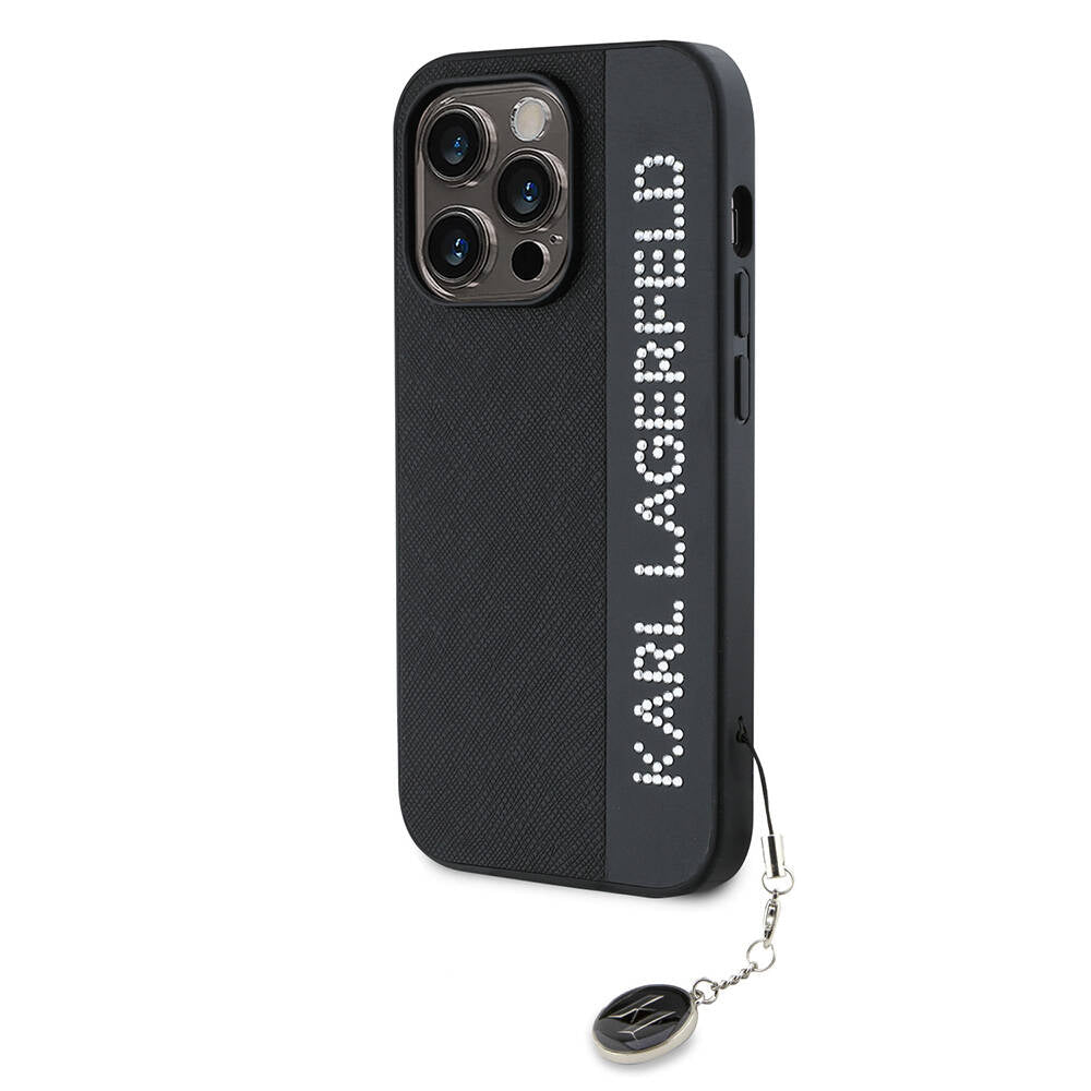 Apple iPhone 14 Pro Max Case Karl Lagerfeld Original Licensed Keychain Stoned KL Written Saffiano Rhinestones Cover Black
