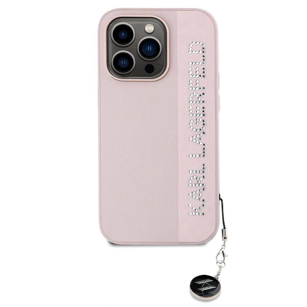 Apple iPhone 14 Pro Max Case Karl Lagerfeld Original Licensed Keychain Stoned KL Written Saffiano Rhinestones Cover Black