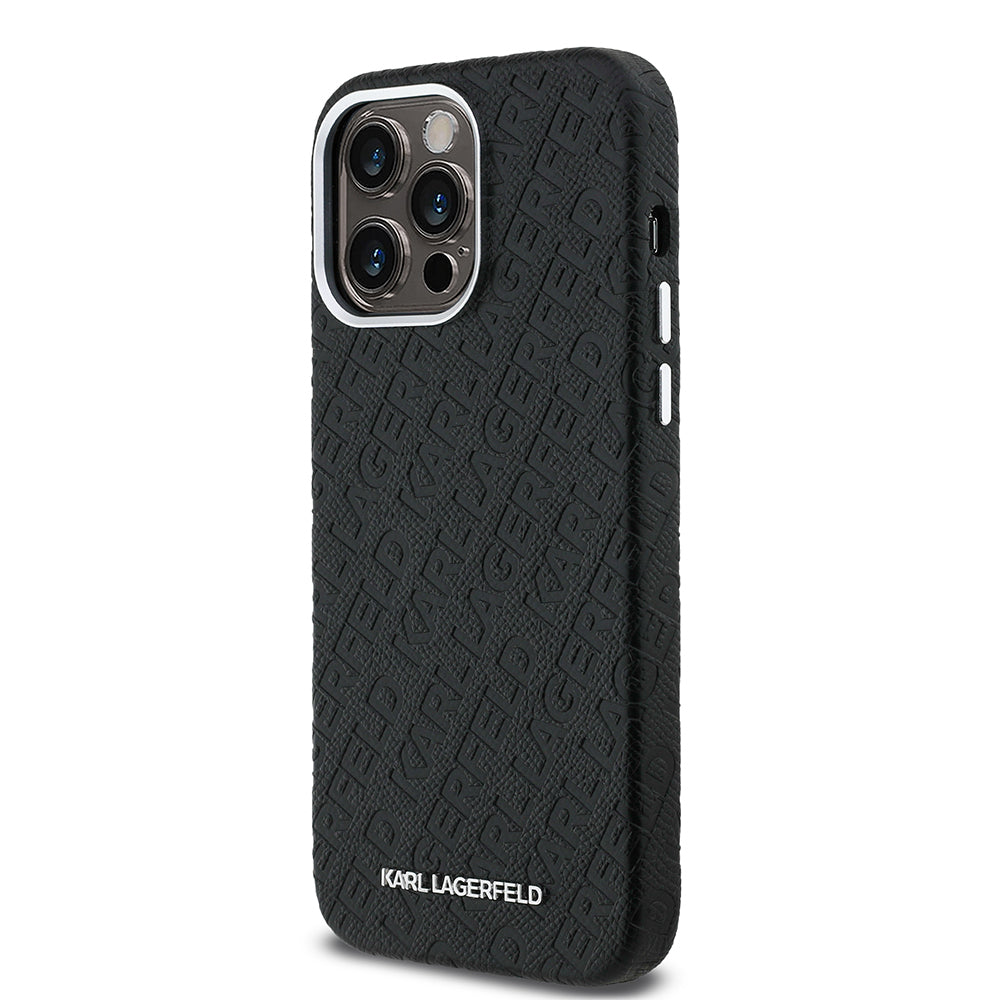 Apple iPhone 14 Pro Max Case Karl Lagerfeld Original Licensed PU Leather Stamped Metal Lettering Logo Cover Black