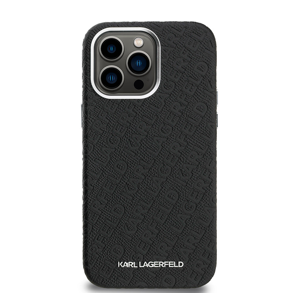 Apple iPhone 14 Pro Max Case Karl Lagerfeld Original Licensed PU Leather Stamped Metal Lettering Logo Cover Black
