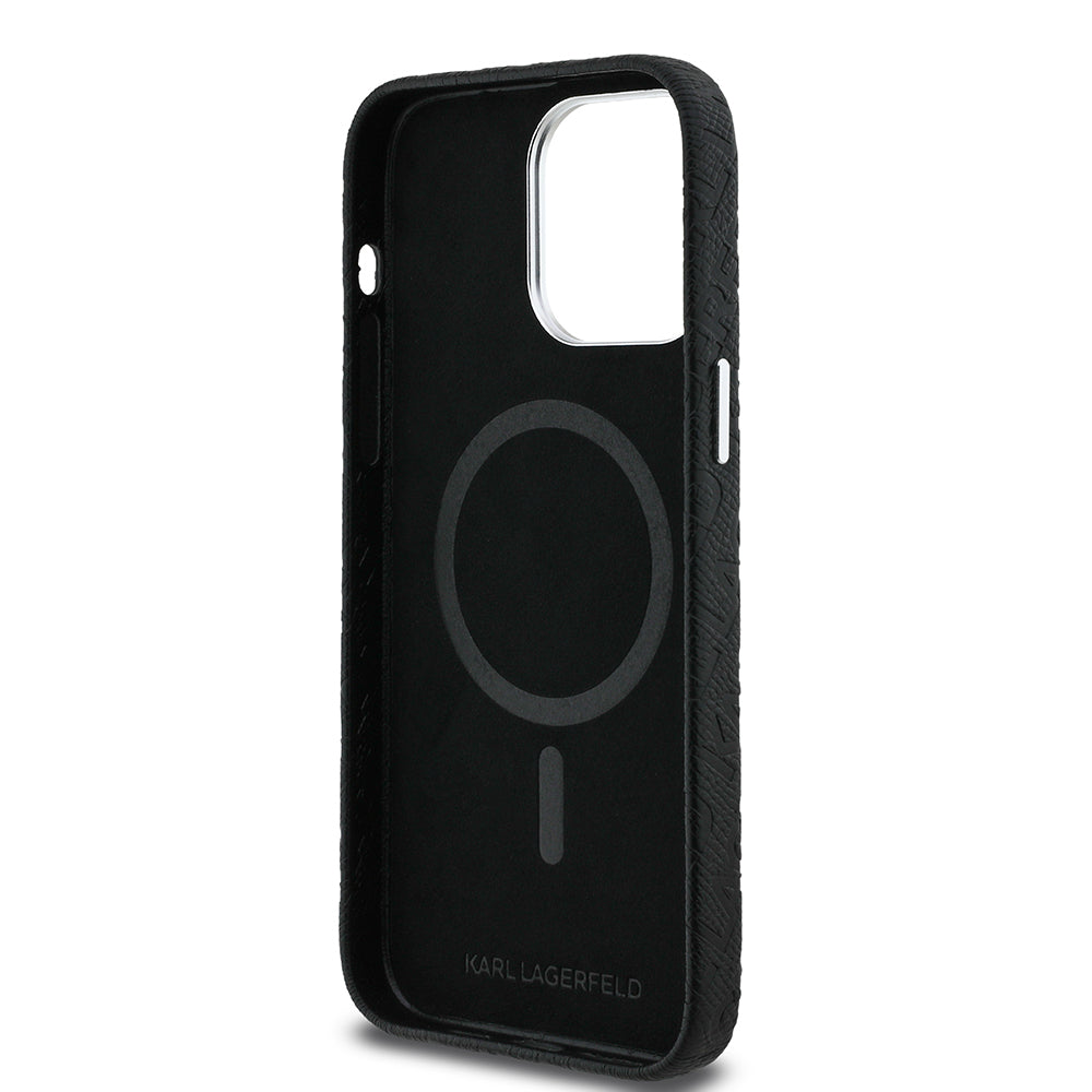 Apple iPhone 14 Pro Max Case Karl Lagerfeld Original Licensed PU Leather Stamped Metal Lettering Logo Cover Black