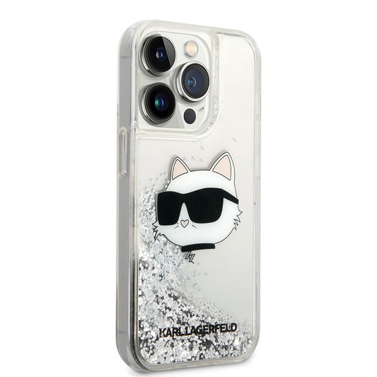 Apple iPhone 14 Pro Max Case Karl Lagerfeld Liquid Glitter Choupette Head Design Cover Silver