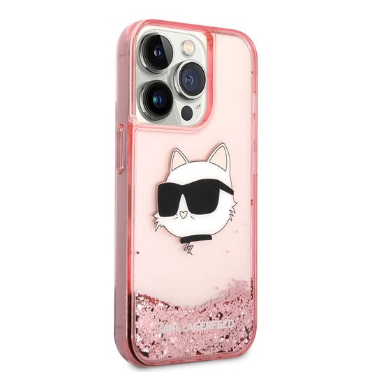 Apple iPhone 14 Pro Max Case Karl Lagerfeld Liquid Glitter Choupette Head Design Cover Pink