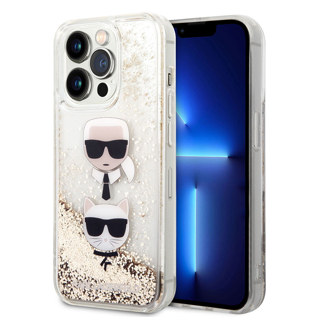 Apple iPhone 14 Pro Max Case Karl Lagerfeld Liquid Glitter K&C Head Design Cover Gold