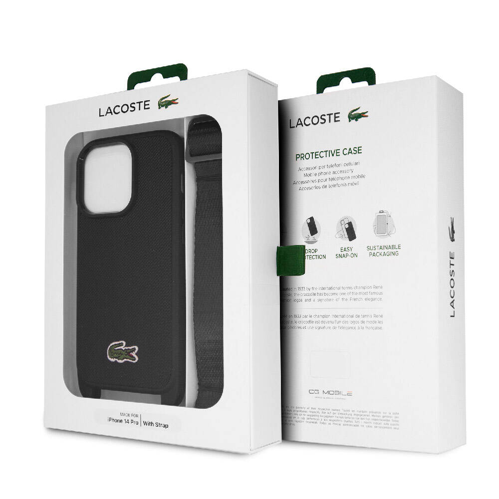Apple iPhone 14 Pro Max Kılıf Lacoste Orjinal Lisanslı PU Pike Desenli Arka Yüzey Askılı İkonik Timsah Dokuma Logolu Kapak Kırmızı