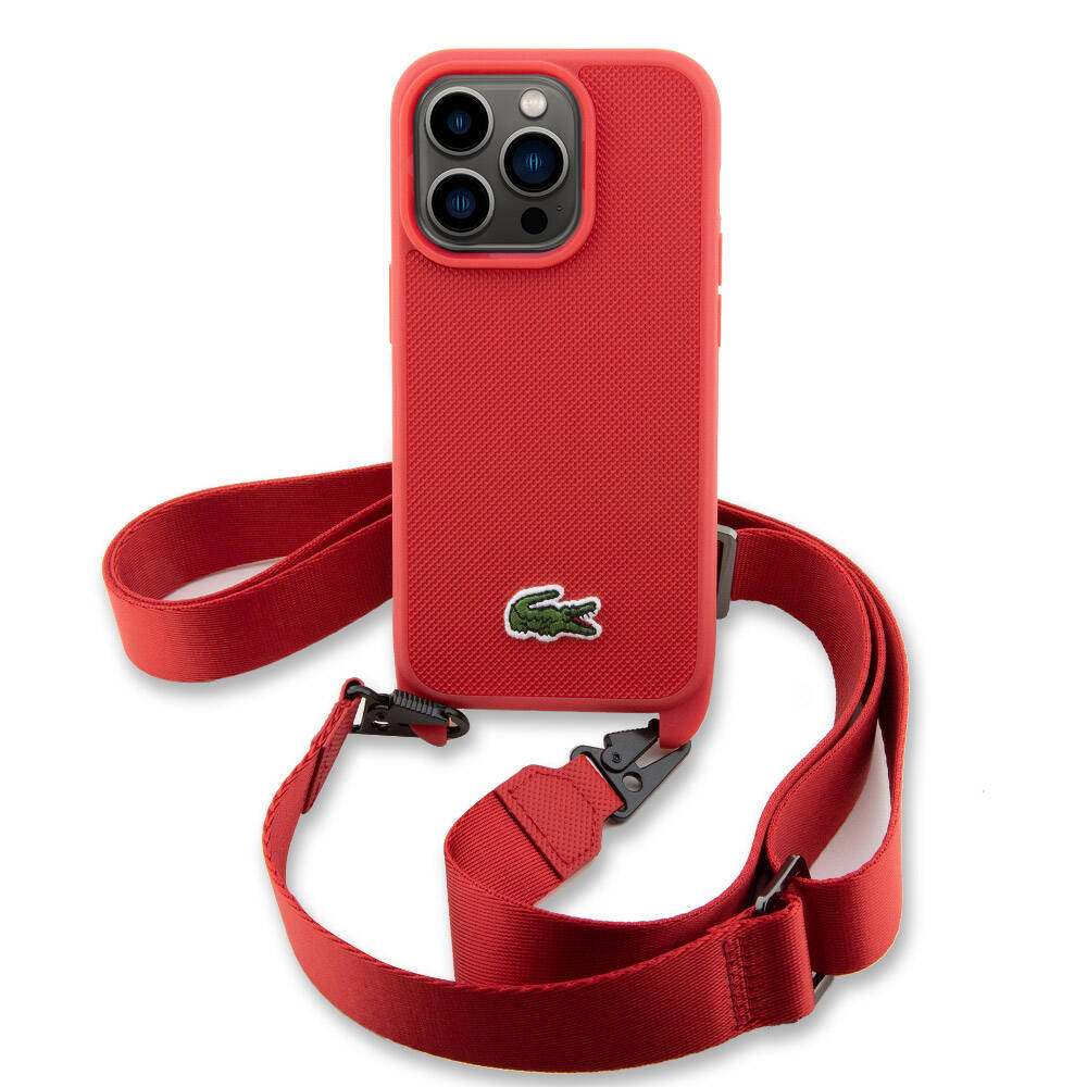 Apple iPhone 14 Pro Max Case Lacoste Original Licensed PU Pique Patterned Back Surface Strap Iconic Crocodile Woven Logo Cover Red