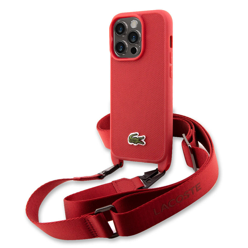 Apple iPhone 14 Pro Max Case Lacoste Original Licensed PU Pique Patterned Back Surface Strap Iconic Crocodile Woven Logo Cover Red
