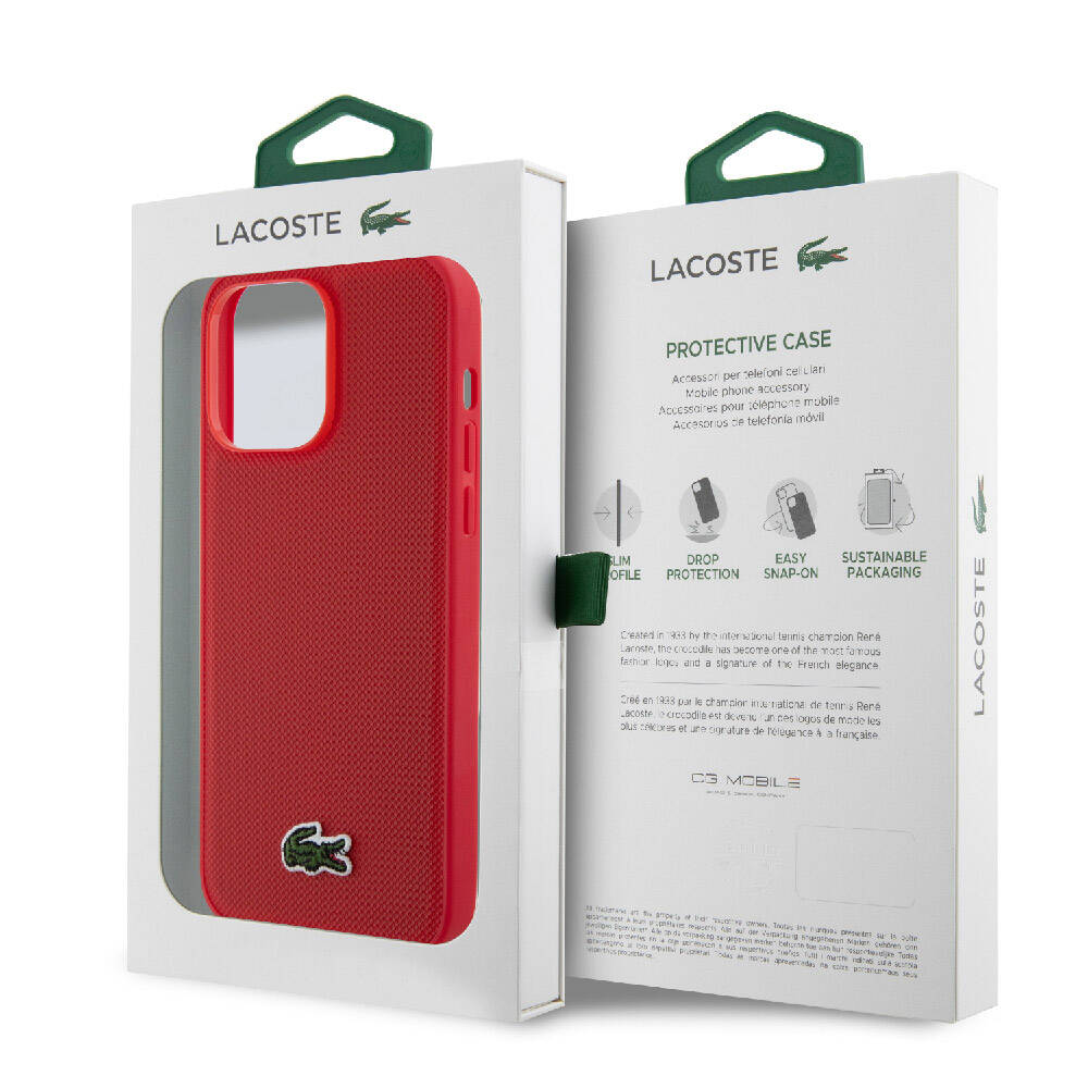 Apple iPhone 14 Pro Max Kılıf Lacoste Orjinal Lisanslı PU Pike Desenli Arka Yüzey İkonik Timsah Dokuma Logolu Kapak Kırmızı