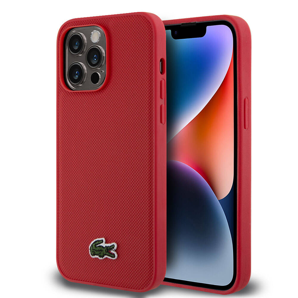 Apple iPhone 14 Pro Max Case Lacoste Original Licensed PU Pique Patterned Back Surface Iconic Crocodile Woven Logo Cover Red