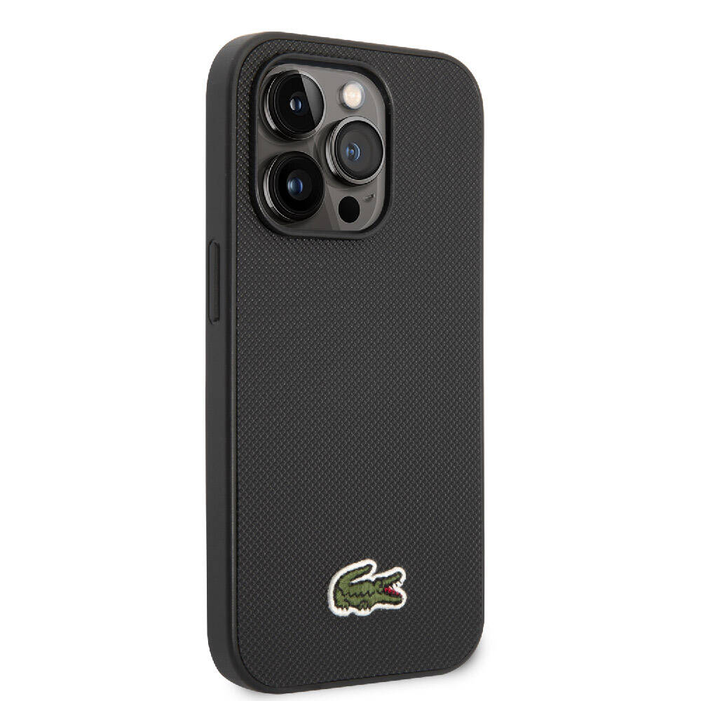 Apple iPhone 14 Pro Max Case Lacoste Original Licensed PU Pique Patterned Back Surface Iconic Crocodile Woven Logo Cover Black