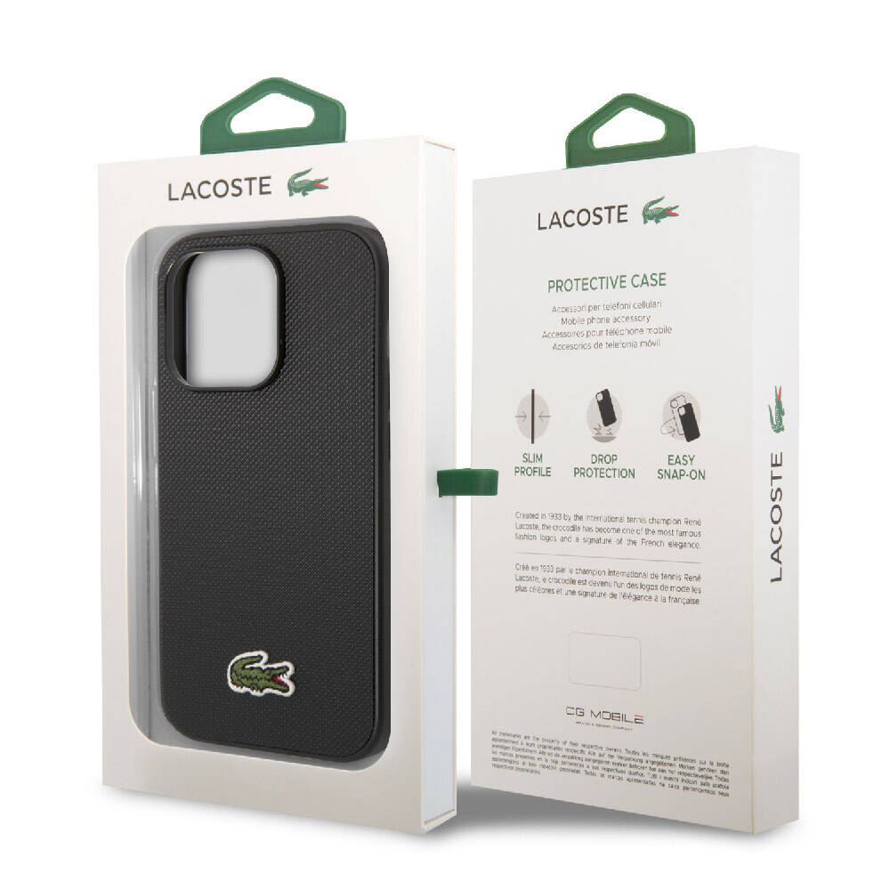 Apple iPhone 14 Pro Max Case Lacoste Original Licensed PU Pique Patterned Back Surface Iconic Crocodile Woven Logo Cover Black