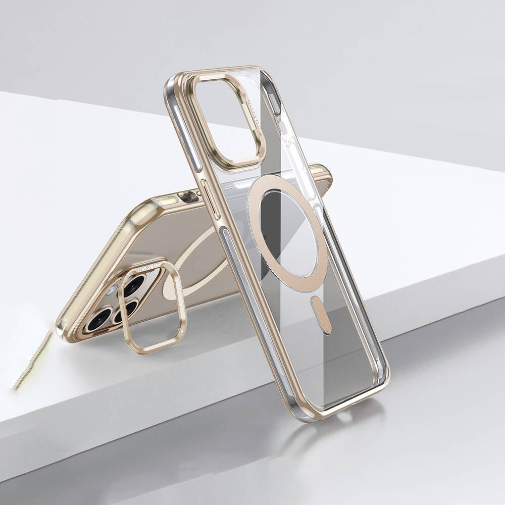 Apple iPhone 14 Pro Max Kılıf M-safe Şarj Özellikli Wlons Standlı Efsane Kapak Gold