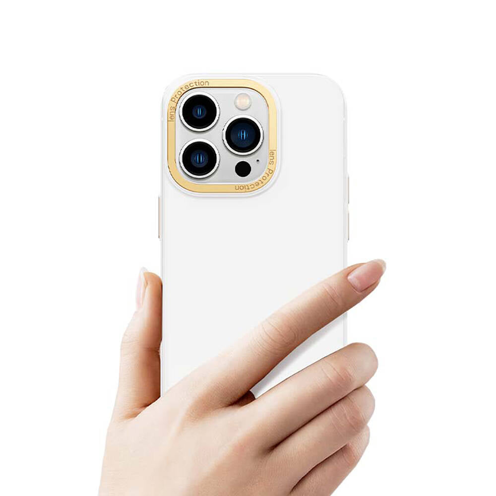 Apple iPhone 14 Pro Max Case Metal Camera Frame Recci Glaze Series Cover White