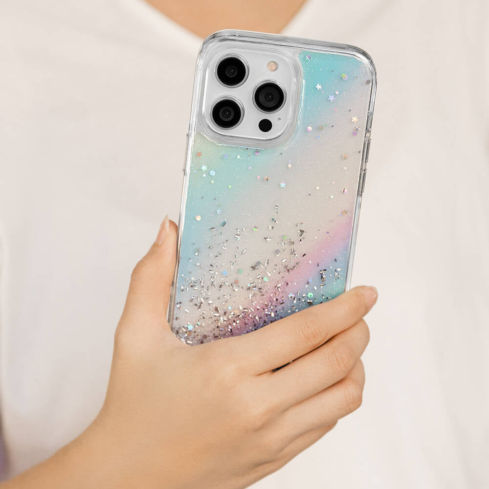 Apple iPhone 14 Pro Max Kılıf Parlayan Simli Şeffaf Lisanslı Switcheasy Starfield Kapak Renksiz