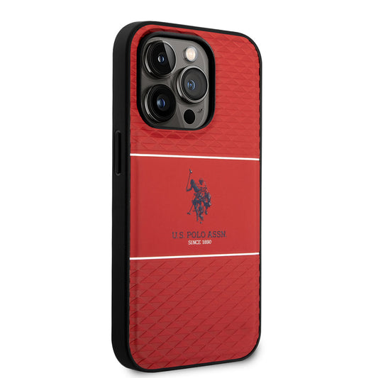 Apple iPhone 14 Pro Max Case US POLO ASSN. Leather Stripe Logo Design Cover Red
