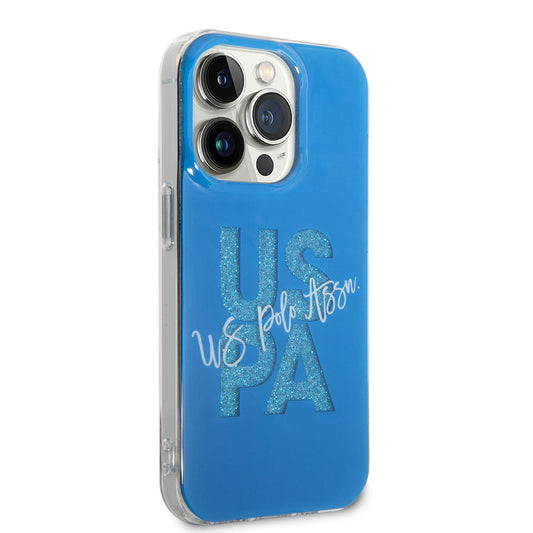 Apple iPhone 14 Pro Max Case US POLO ASSN. Glitter Shiny Alphabet Design Cover Blue