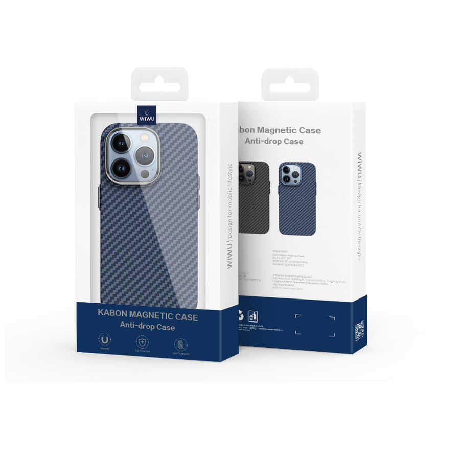 Apple iPhone 14 Pro Max Case Wiwu Carbon Fiber Look M-safe Wireless Charging Featured Cabon Cover Blue