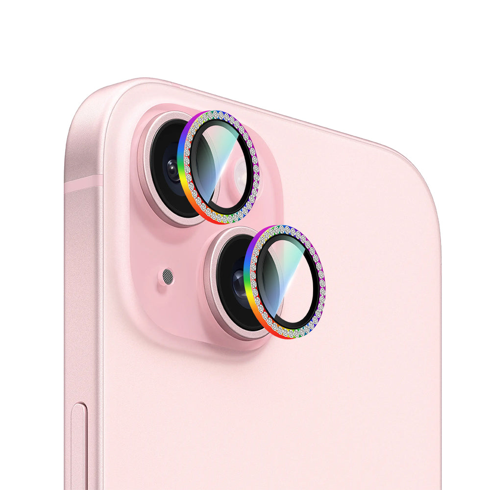 Apple iPhone 15 CaseWorld Alloy Sparkling Diamond Serisi Taşlı Lens Koruyucu Colorful